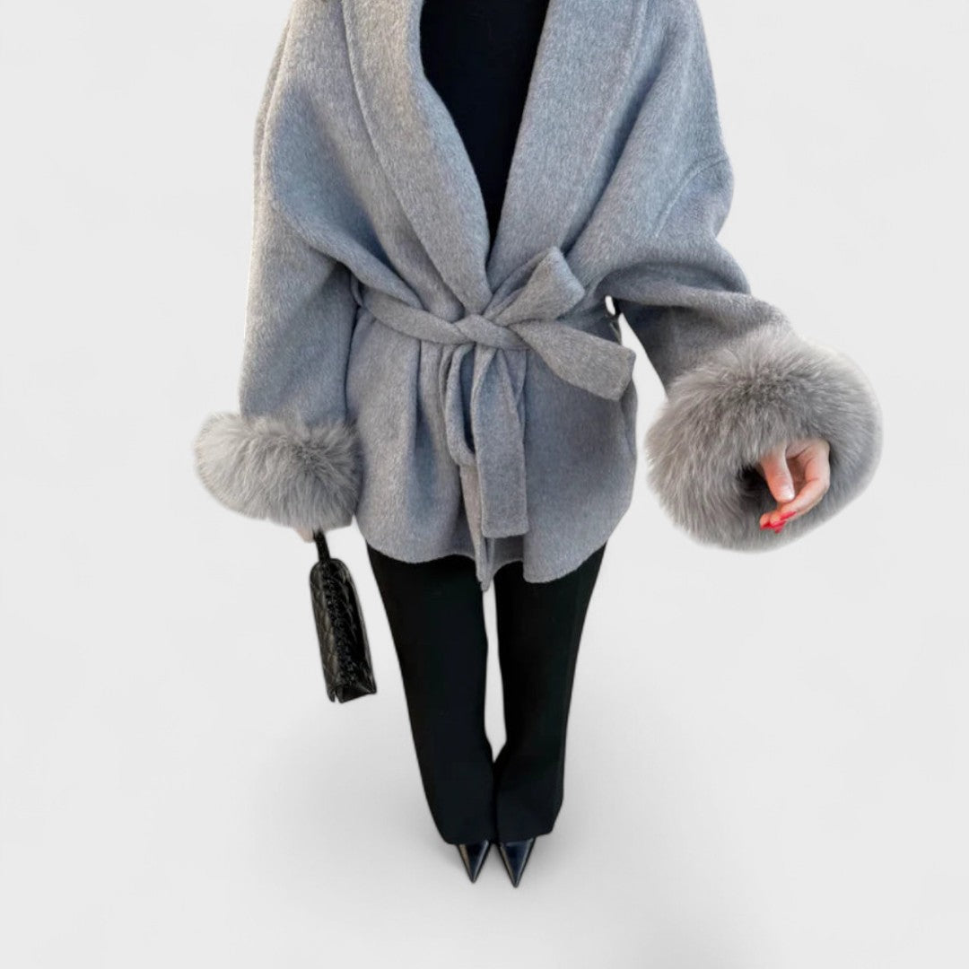 Naomi Luxe Wool Wrap Coat For Women Warm Elegant Wrap Silhouette With Self Tie Belt And Faux Fur Cuffs