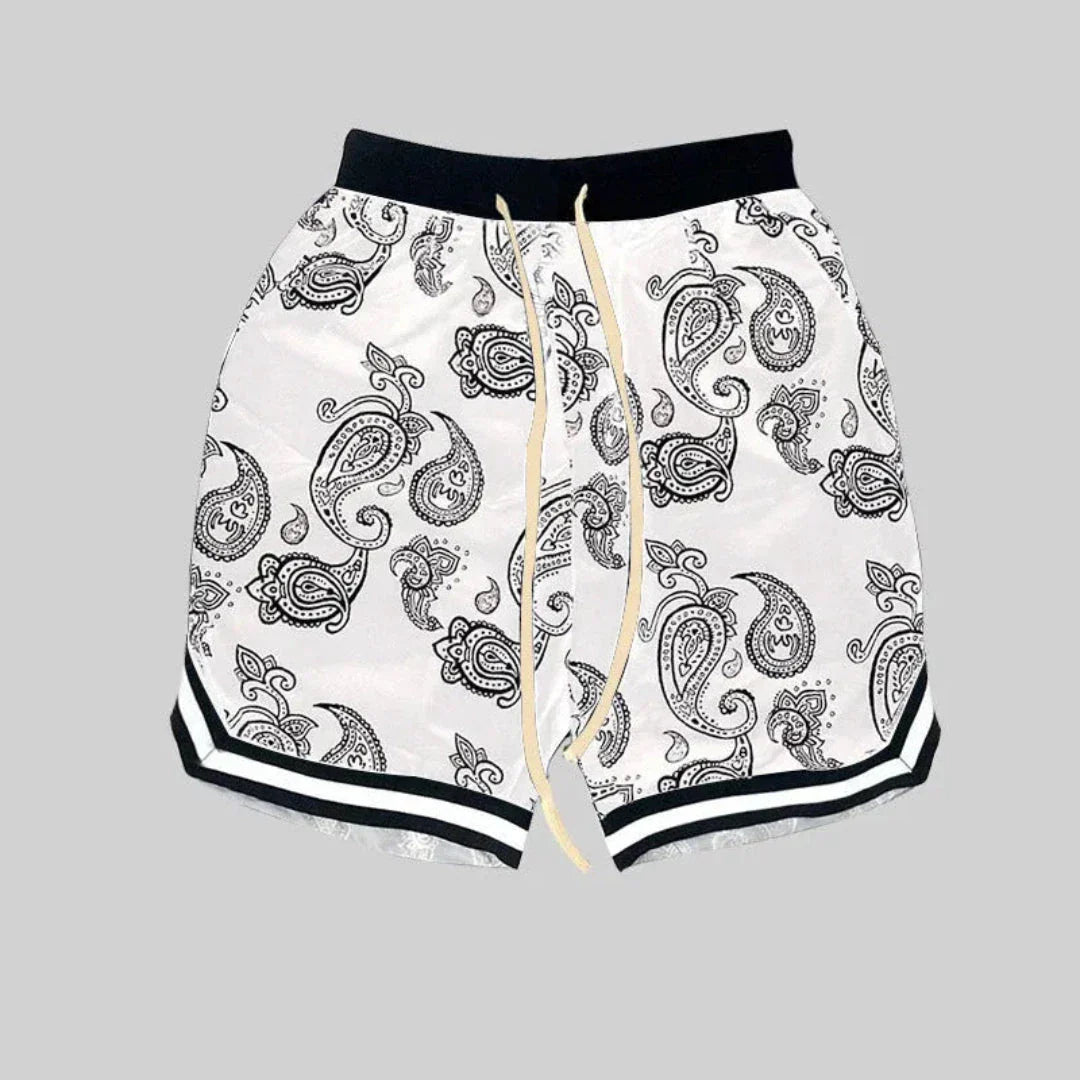 Bill Bandana Patterned Drawstring Shorts for Men Black and White Paisley Print Casual Summer Streetwear