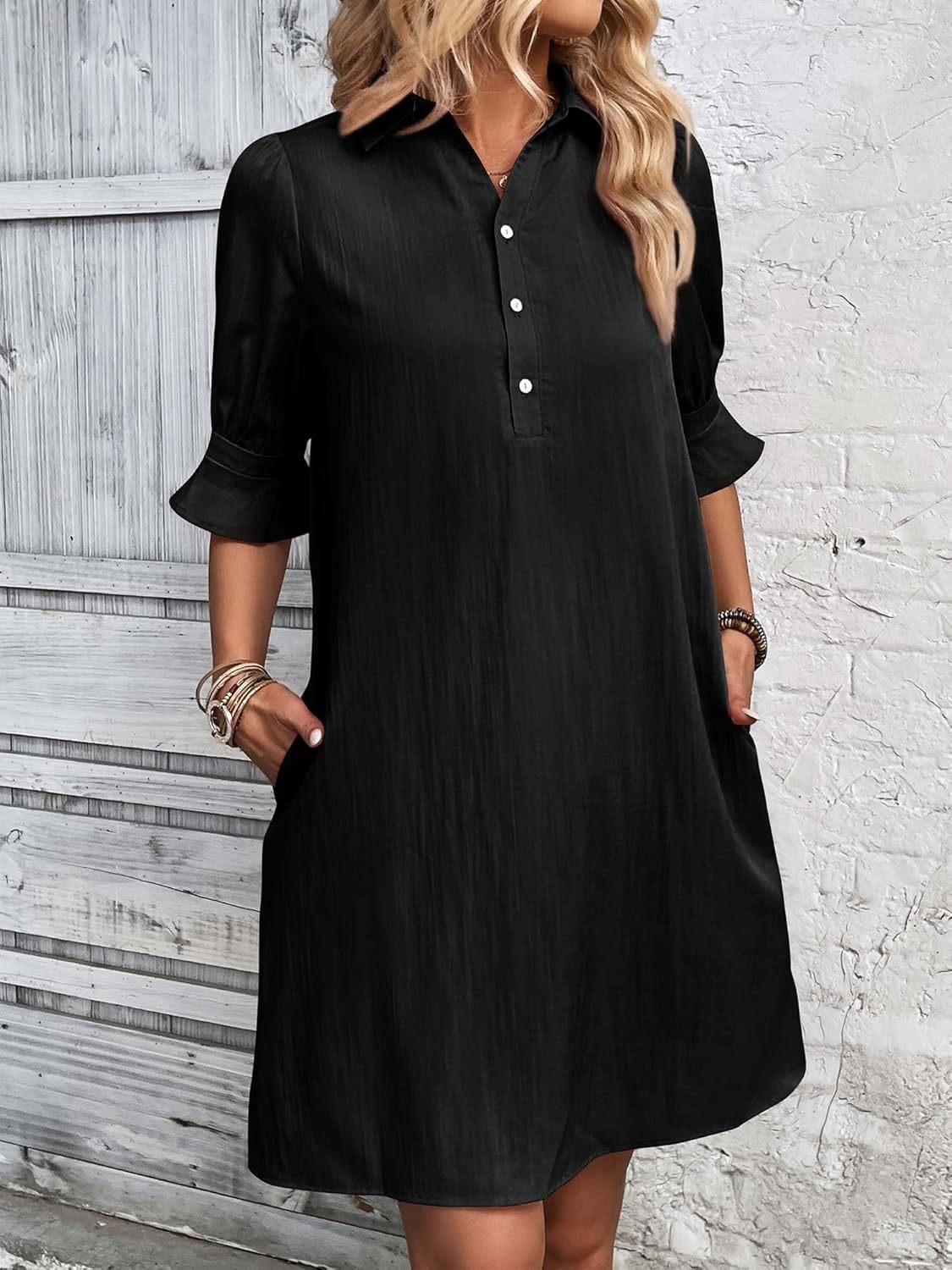 Women's Button-Down Shirt Dress with 3/4 Sleeves and Knee Length - TrendAura