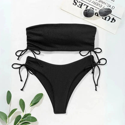Black Ribbed Bandeau Bikini Set With Side Tie Cheeky Bottoms For Beach Lovers Flattering Tan Ready