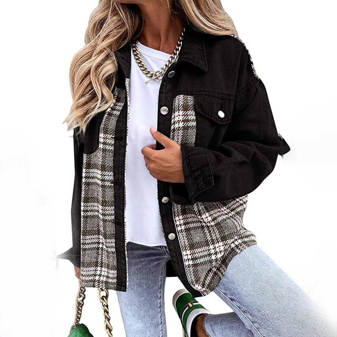 Lola Checked Denim Jacket For Women Versatile Everyday Wear With Modern Fit And Cozy Comfort
