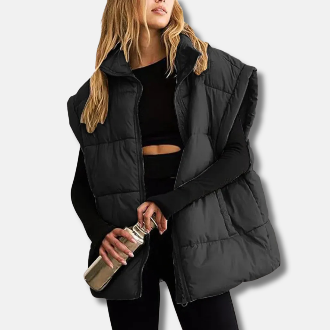 Women’s Puffer Vest - Quilted Fabric - Stand Collar - Hip Length
