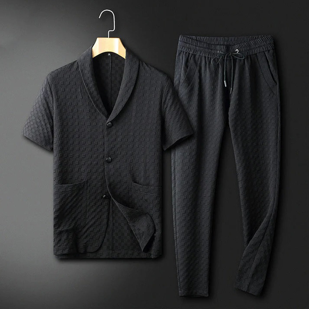 Jasper Mens Premium Summer Set Shirt With Stand Up Collar And Two Front Pockets For Comfortable Fit And Jogger Pants