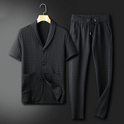 Jasper Mens Premium Summer Set Shirt With Stand Up Collar And Two Front Pockets For Comfortable Fit And Jogger Pants