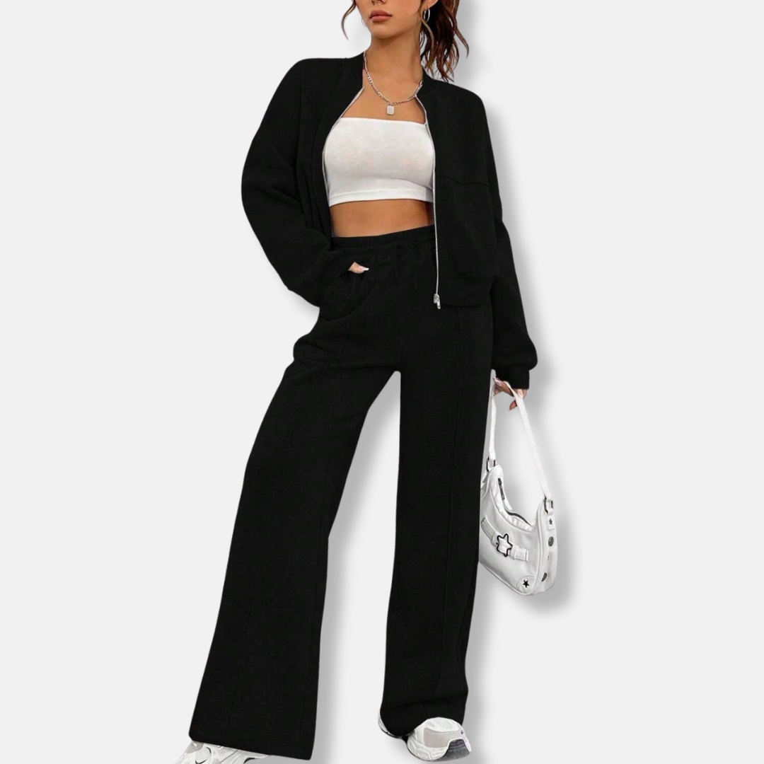 Women’s Two-Piece Loungewear Set – Relaxed Bomber Jacket – High-Waisted Wide-Leg Pants