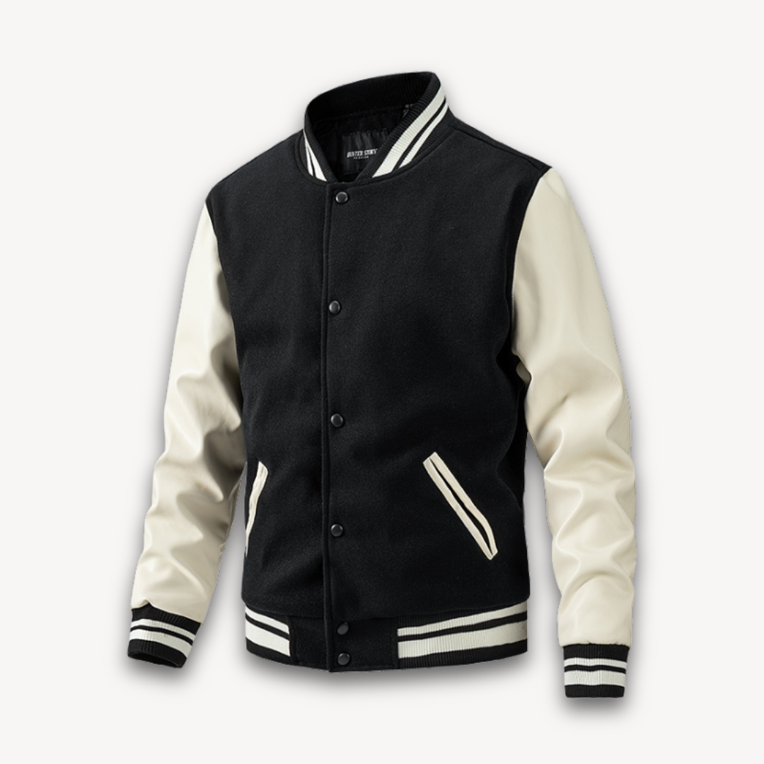 Men's Varsity Jacket Classic Fit With Wool Look Body And Leather Look Sleeves Snap Button Closure