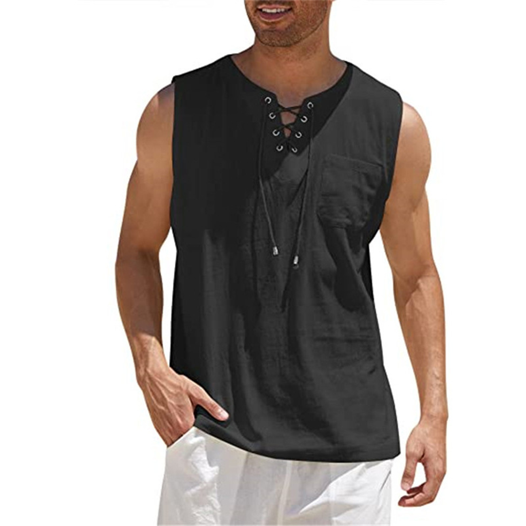Men's Sleeveless Shirt With Lace Up Front Relaxed Fit Cotton Blend Chest Pocket For Casual Summer Wear