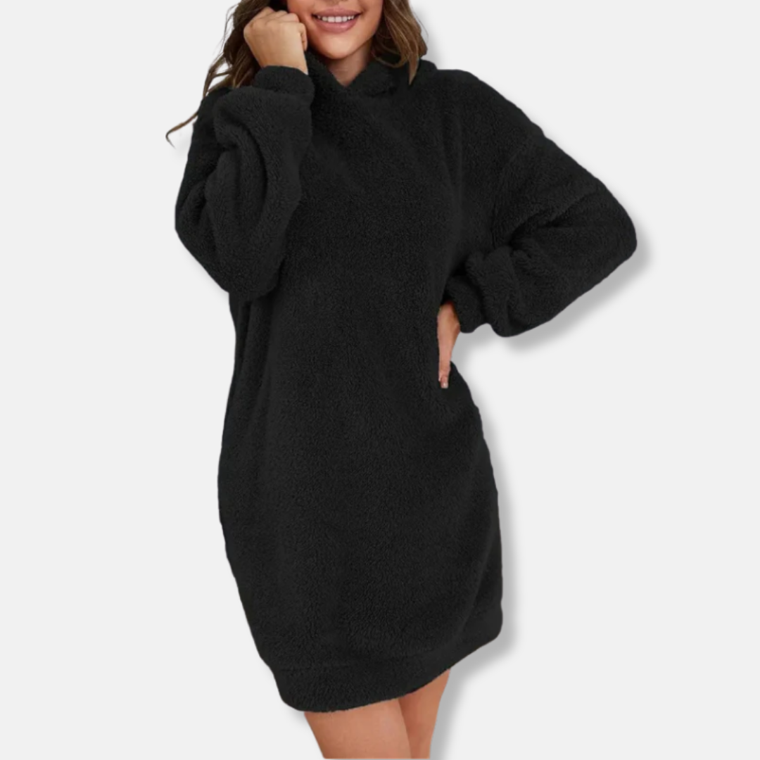 Women’s Hoodie Dress – Fleece Texture – Oversized Fit – Long Sleeve Mini Lounge Wear