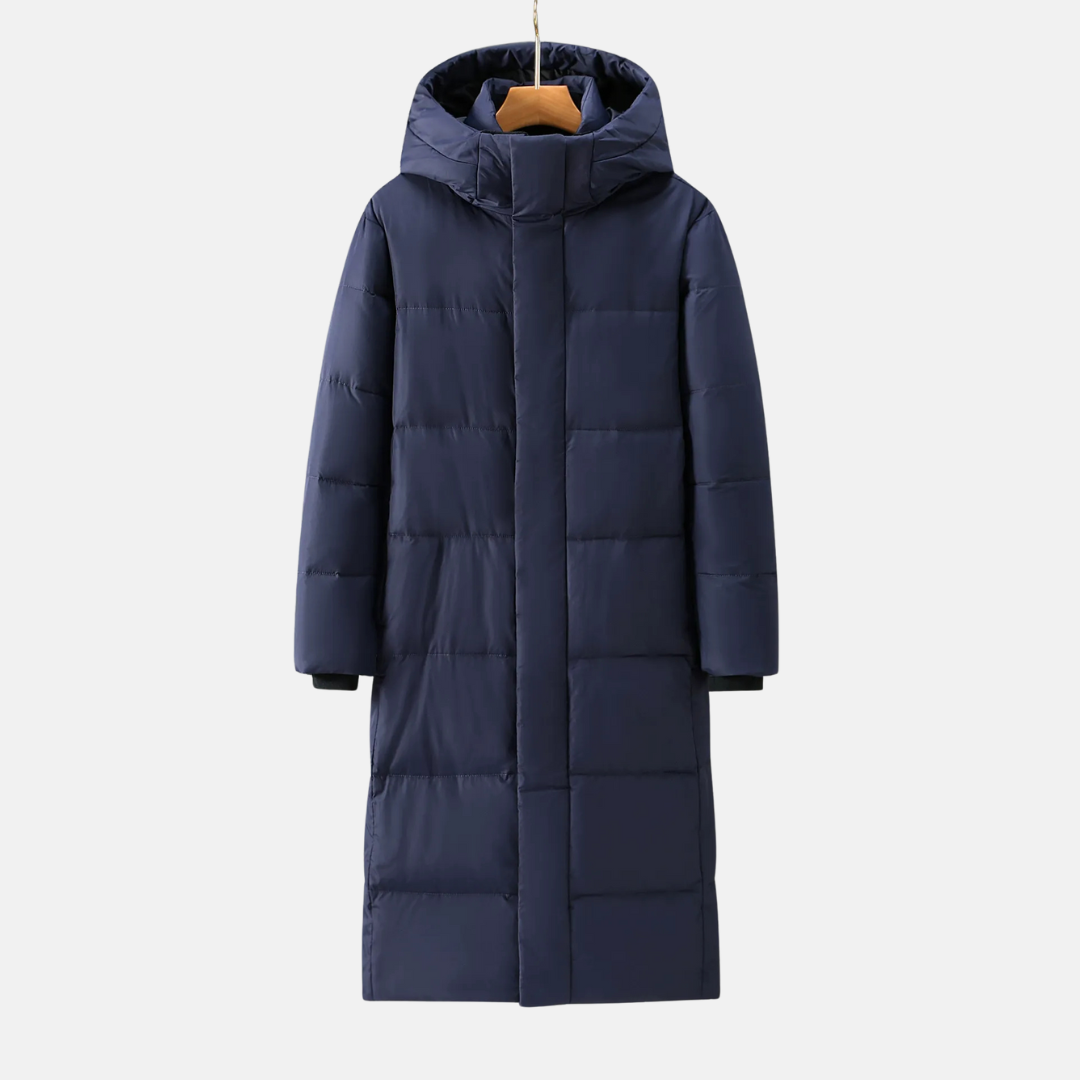 TrendAura Men's Full-Length Hooded Quilted Coat in Nylon Blend for Winter Warmth and Style