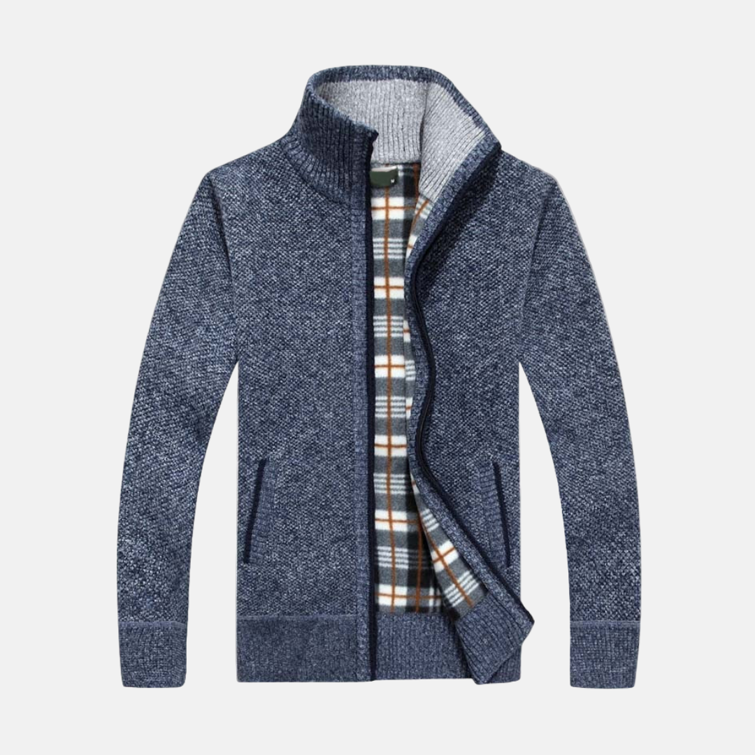 Mens Knit Texture Jacket With Fleece Lining Ribbed Collar Cuffs Hem For Versatile Layering And Classic Style