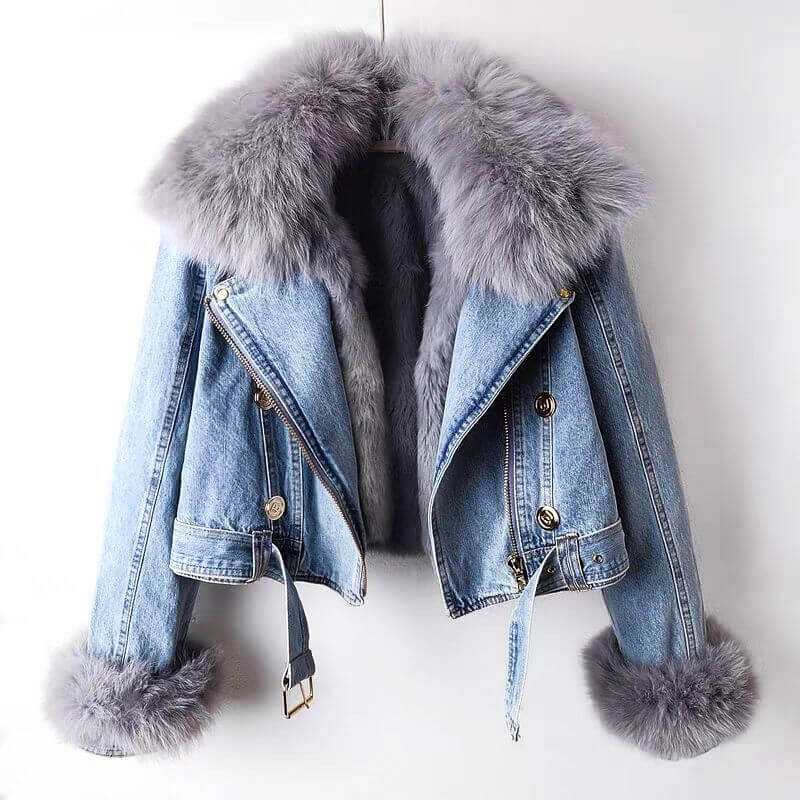 TrendAura Denim Fur Jacket For Women Luxurious Warmth And Chic Style With Tailored Fit And Everyday Glam