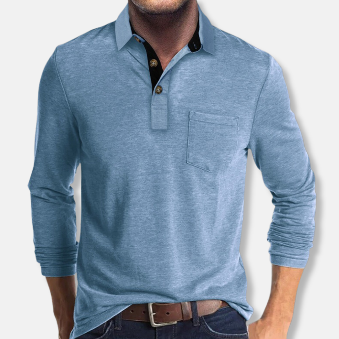 Men's Cotton Blend Long Sleeve Polo Shirt Regular Fit With Contrast Collar For Smart Casual Wear