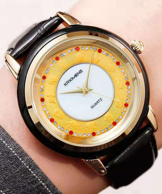 Montre étanche en alliage de cuir noir bohème, incrustée de zircons, verre trempé et jade - TrendAura