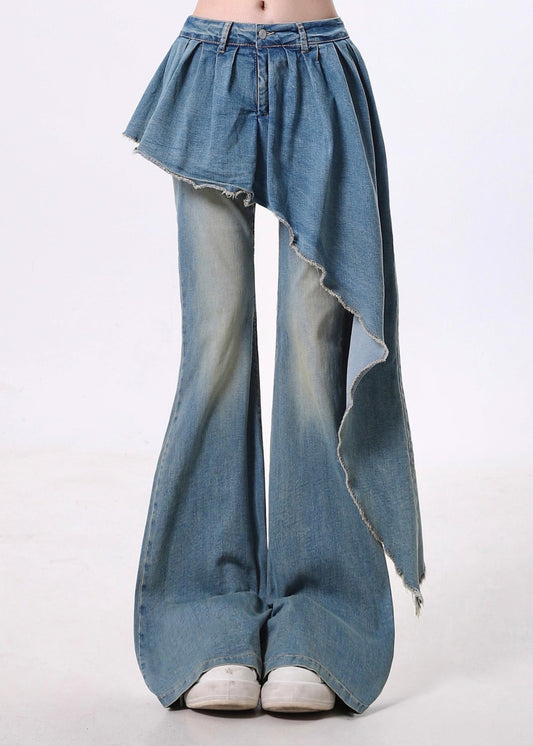Pantalon évasé en denim bleu bohème asymétrique patchwork, printemps - TrendAura