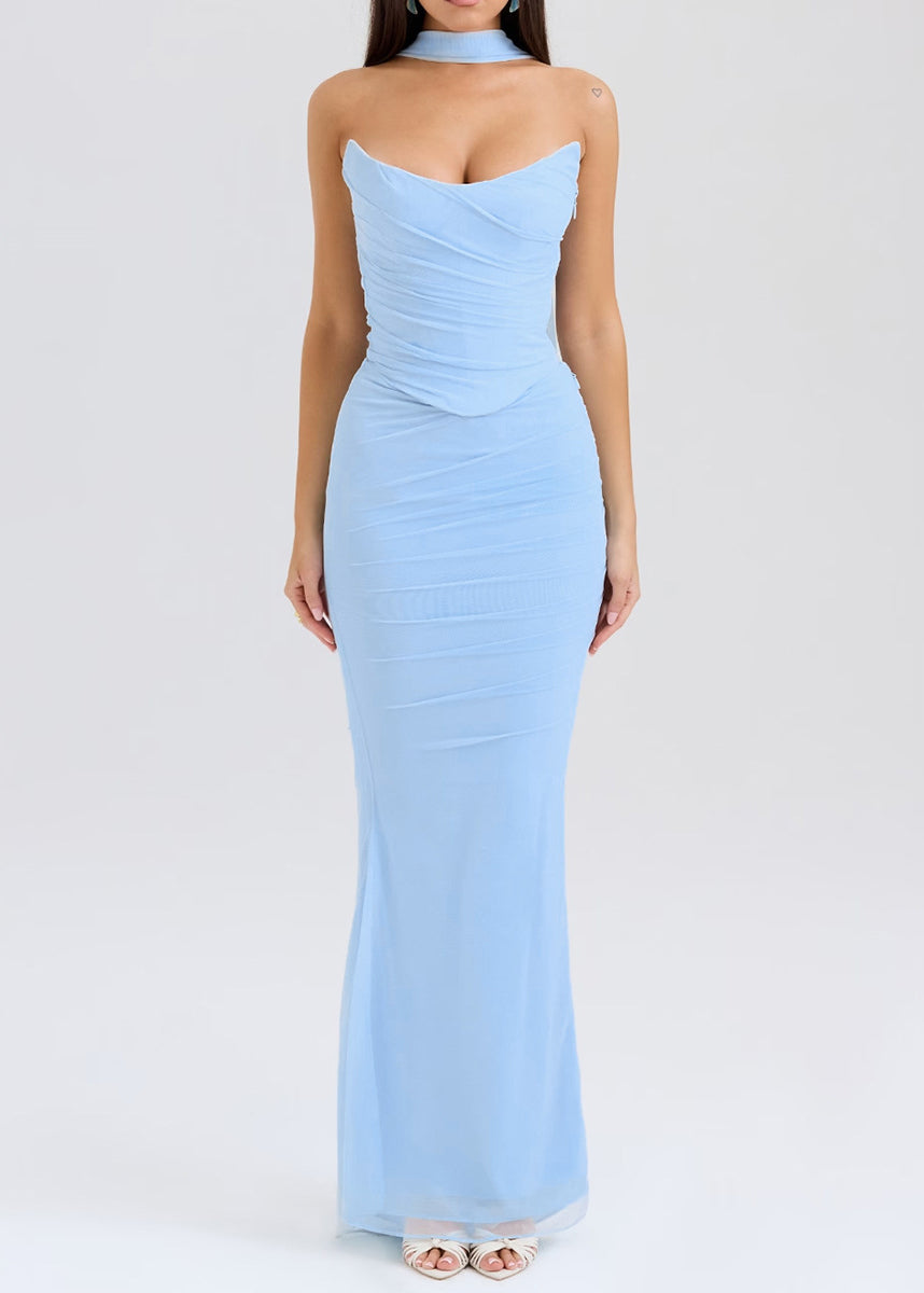 Robe bohème bleue dos nu en tulle sans bretelles - TrendAura