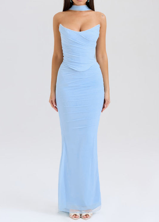 Robe bohème bleue dos nu en tulle sans bretelles - TrendAura