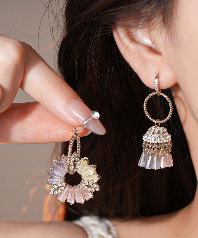 Boucles d'oreilles pendantes asymétriques en forme de cloche florale en cristal de Bohème, en cuivre doré et zircon - TrendAura