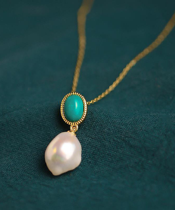 Collier avec pendentif en argent sterling et perles turquoises surdorées de Bohème - TrendAura