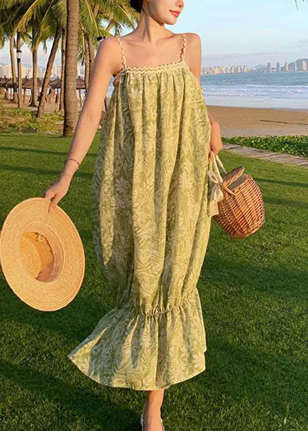 Robe d'été à bretelles spaghetti en coton imprimé bohème vert - TrendAura