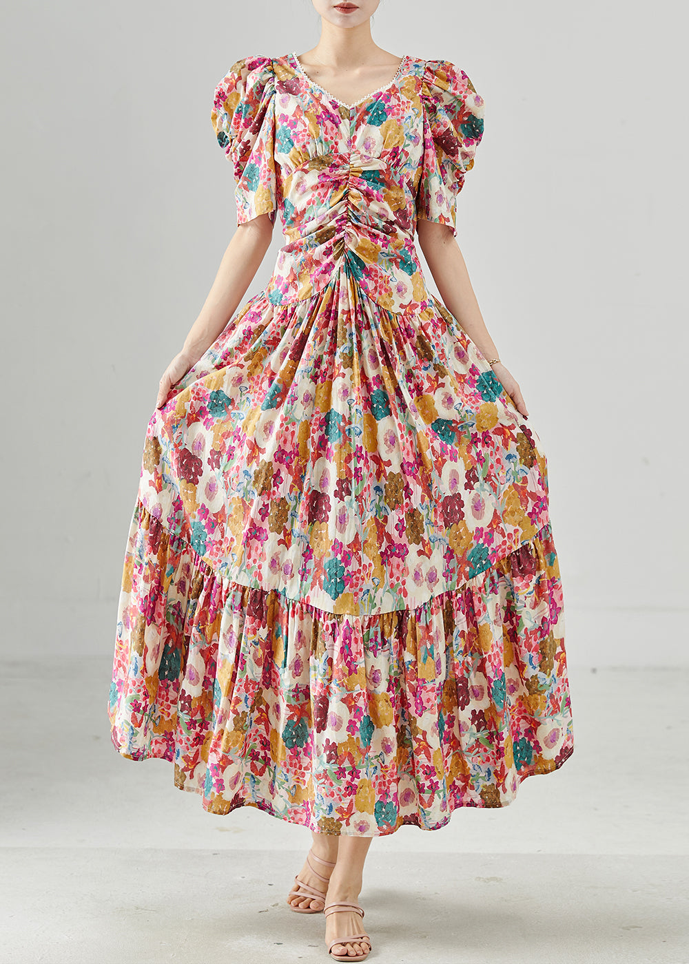Robe longue bohème en coton imprimé à manches bouffantes pour l'été - TrendAura