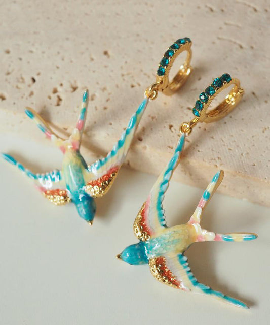 Boucles d'oreilles pendantes bohèmes en alliage de cuivre et émail avec pierres précieuses en forme d'hirondelle - TrendAura