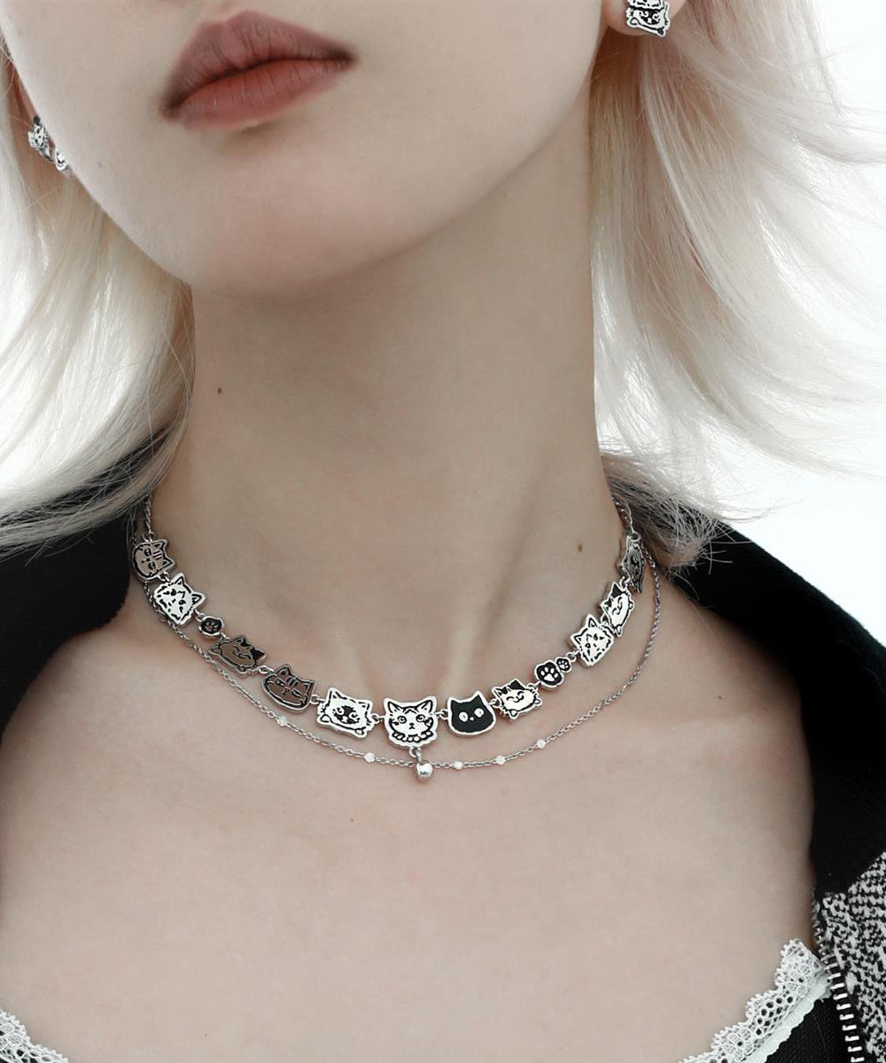 Collier double couche en acier inoxydable et soie de Bohème avec motif graffiti et chat - TrendAura