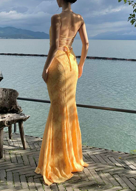 Robe longue bohème jaune dos nu en dentelle à bretelles spaghetti et queue de poisson sans manches - TrendAura