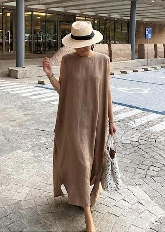TrendAura Bohemian Linen Cotton Dress Womens Breathable Loose Fit With Round Neck And Side Slit