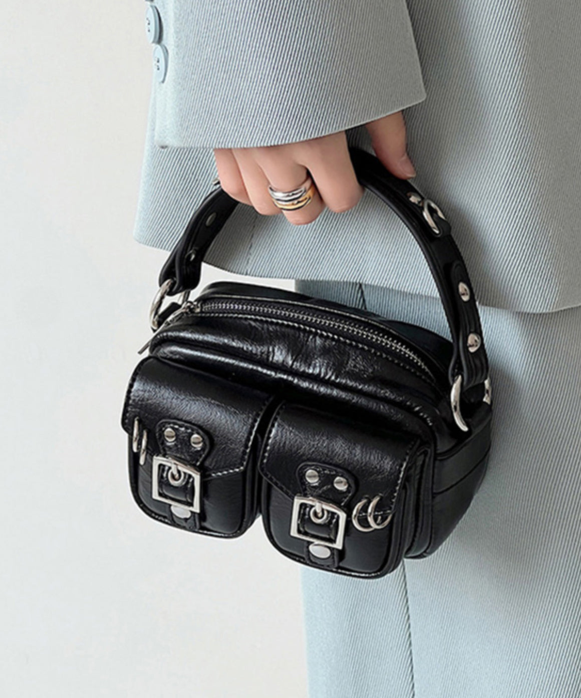 Mini sac Boho noir solide et durable avec poches en similicuir - TrendAura