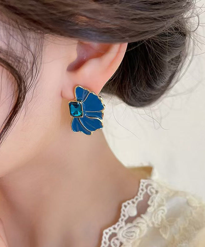 Boucles d'oreilles à tige en alliage bleu bohème avec cristaux et pétales émaillés - TrendAura
