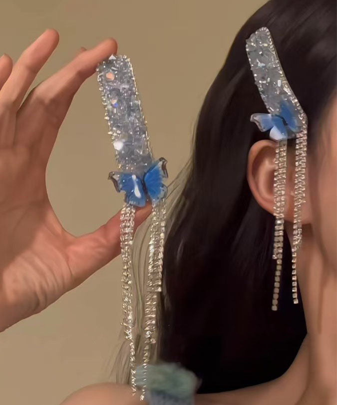 Épingles à cheveux bohèmes bleues en alliage de zircon et pompon papillon (paire) - TrendAura