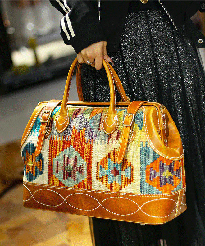 Sac fourre-tout en cuir et toile de lin style bohème marron jacquard patchwork - TrendAura