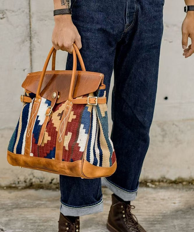 Sac fourre-tout en cuir patchwork imprimé marron bohème - TrendAura