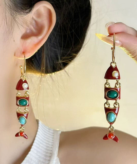 Boucles d'oreilles pendantes bohèmes en alliage de cuivre émaillé, forme de poisson, colorblock. - TrendAura