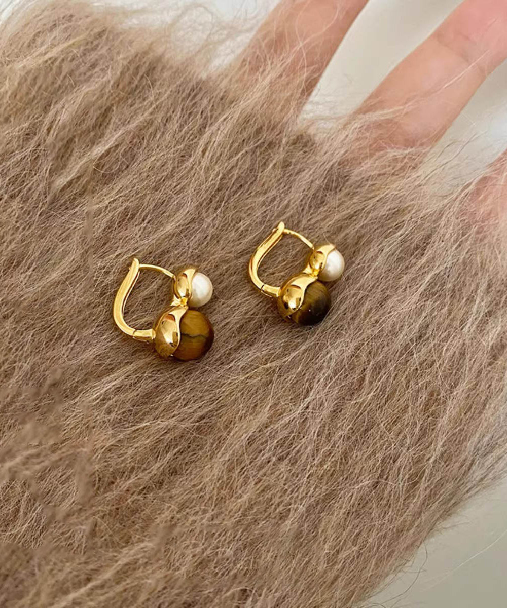 Boucles d'oreilles créoles en alliage de cuivre doré style bohème avec pierre œil de chat et perles - TrendAura
