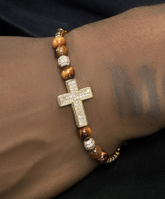 Bracelet à breloques Boho pour homme, croix en zircon doré et cuivre - TrendAura