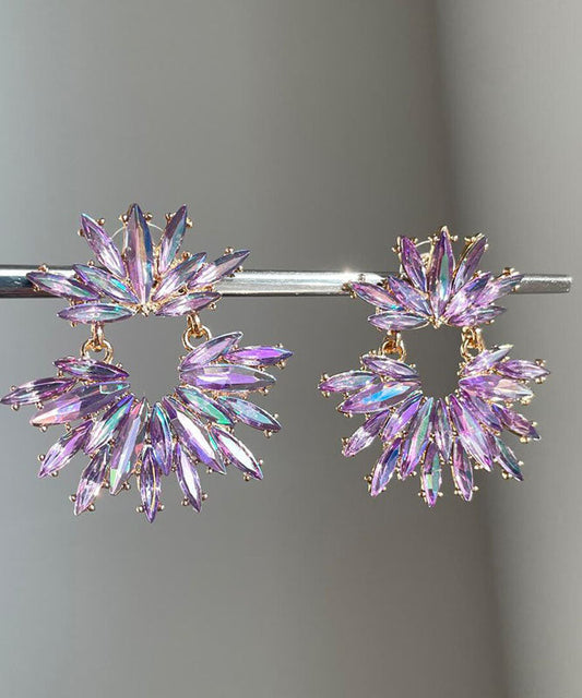Boucles d'oreilles créoles florales en acrylique violet et zircon de style bohème - TrendAura