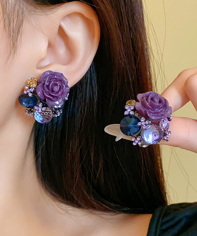Boucles d'oreilles à tige en verre floral en résine et zircon violet style bohème - TrendAura