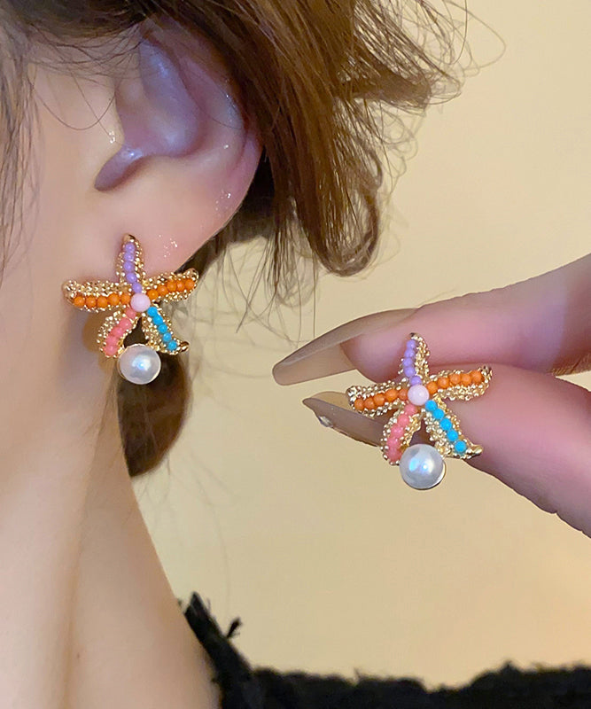 Boucles d'oreilles à tige style bohème arc-en-ciel en alliage de zircon et perles en forme d'étoile de mer - TrendAura