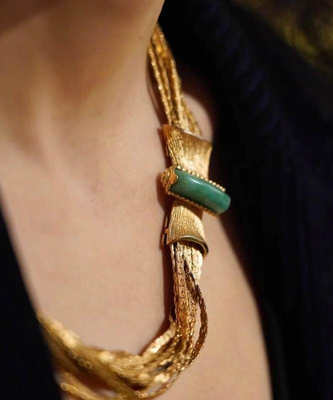 Ensemble deux pièces : collier et bracelet en chaîne en argent sterling et jade doré - TrendAura