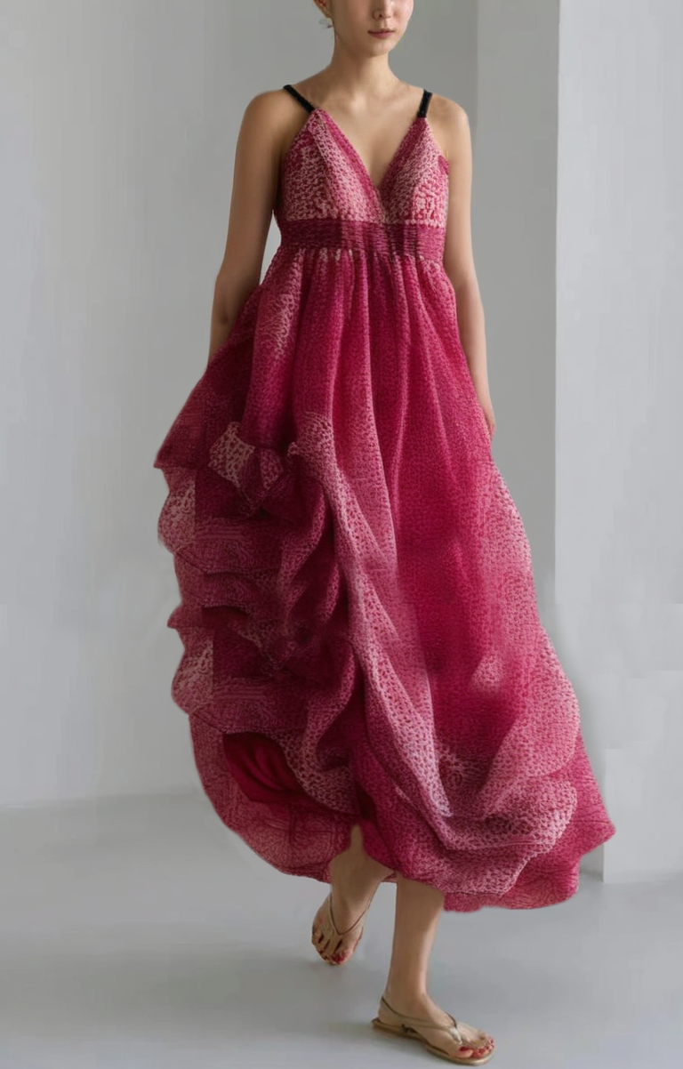 Robe à bretelles spaghetti en soie patchwork froissée à imprimé rose Grace sans manches - TrendAura
