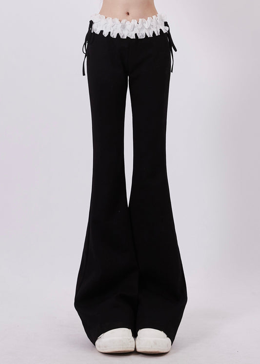 Pantalon évasé en coton patchwork avec cordon de serrage et dentelle noire, collection printemps - TrendAura