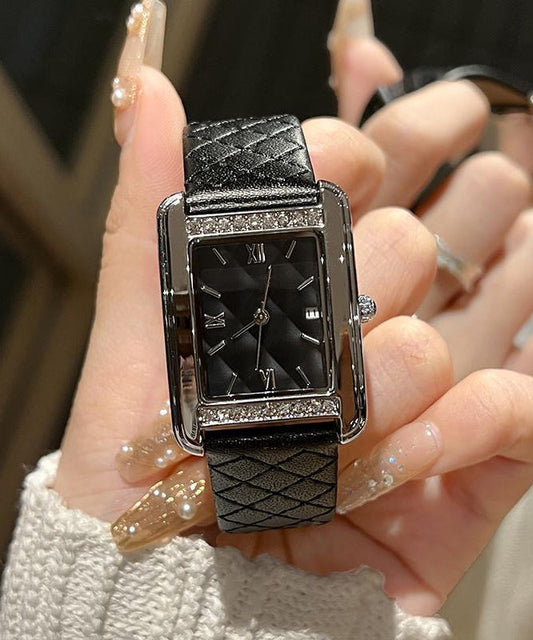 Montre étanche en cuir noir et alliage à carreaux patchwork - TrendAura