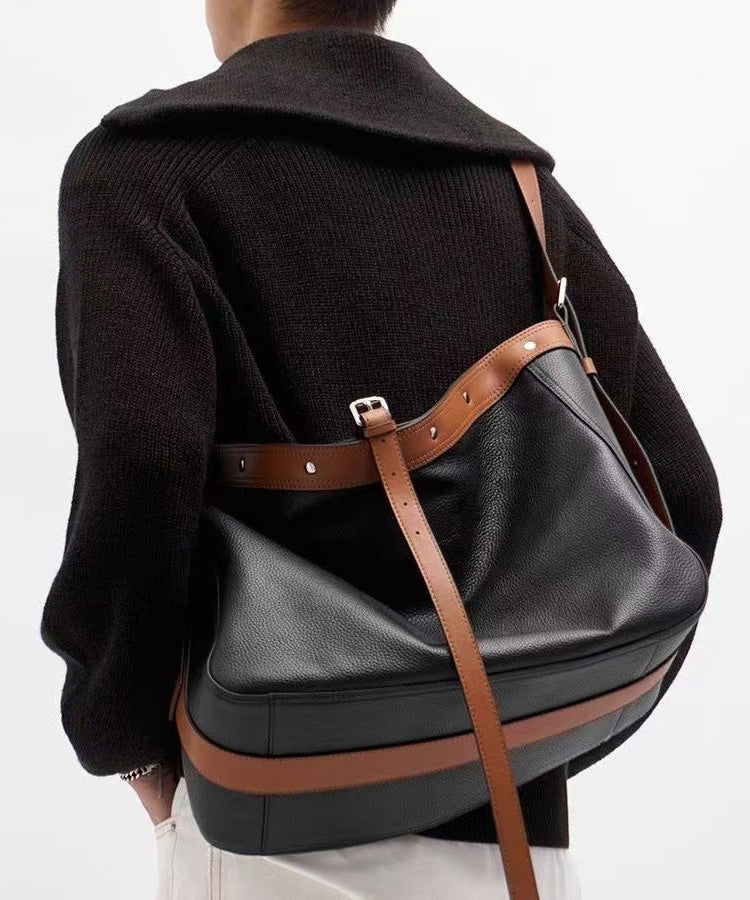 Sac messager en cuir noir patchwork grande capacité pour homme - TrendAura