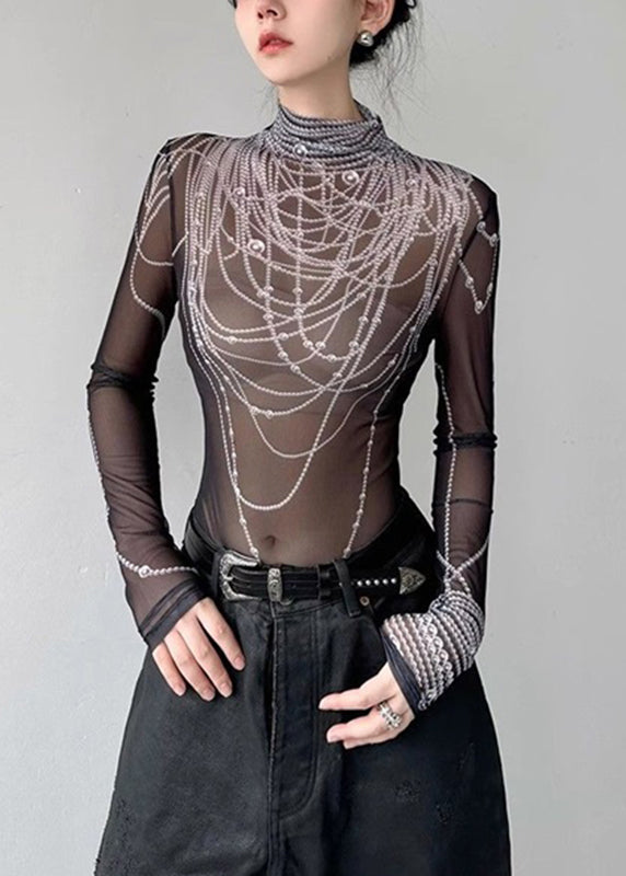 Boutique Haut en tulle noir à col roulé et imprimé perles Printemps - TrendAura