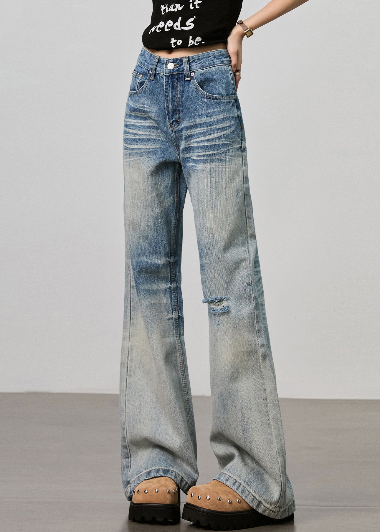 Pantalon en denim taille haute déchiré avec poches bleues Boutique Automne - TrendAura