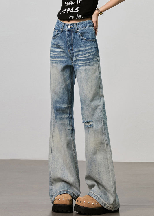 Pantalon en denim taille haute déchiré avec poches bleues Boutique Automne - TrendAura