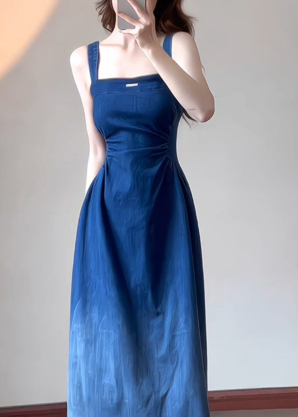 Robe d'été en denim bleu slim fit à bretelles spaghetti - TrendAura