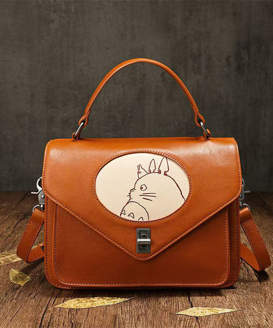 Sac fourre-tout en cuir marron à motif patchwork de peintures animalières - TrendAura