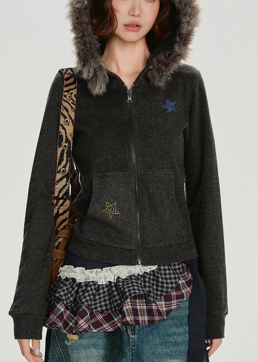 Manteau d'hiver à capuche en coton gris anthracite avec col en fausse fourrure de lapin et étoile - TrendAura